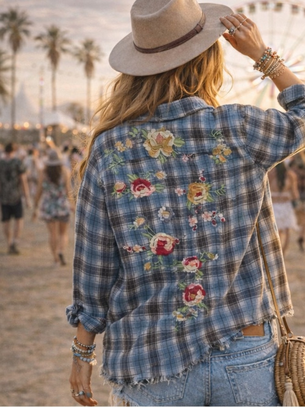 MM Vintage Plaid Embroidered Shirt Boho Festival Floral Back Top L